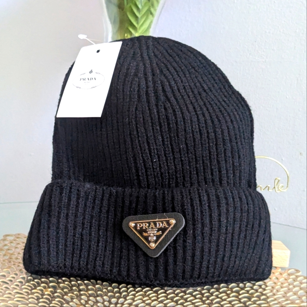 Prada Black Knit Hat with Logo